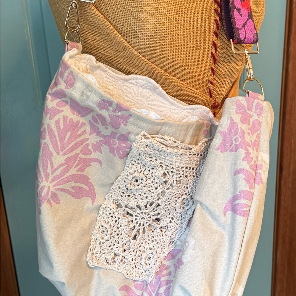 Pink Floral Serena & Lilly Fabric Tote Bag with Crochet Accent